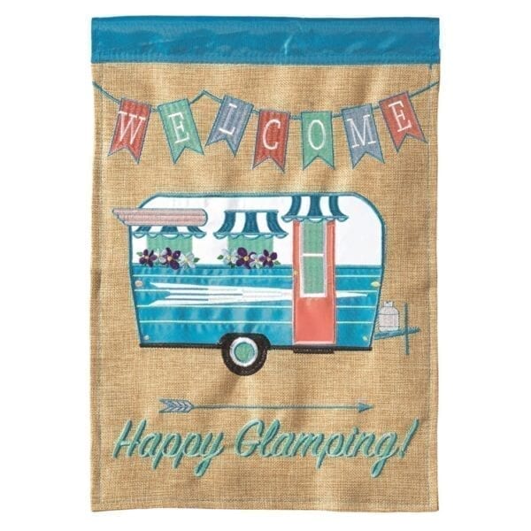 Welcome Happy Glamping Garden Flag on Burlap